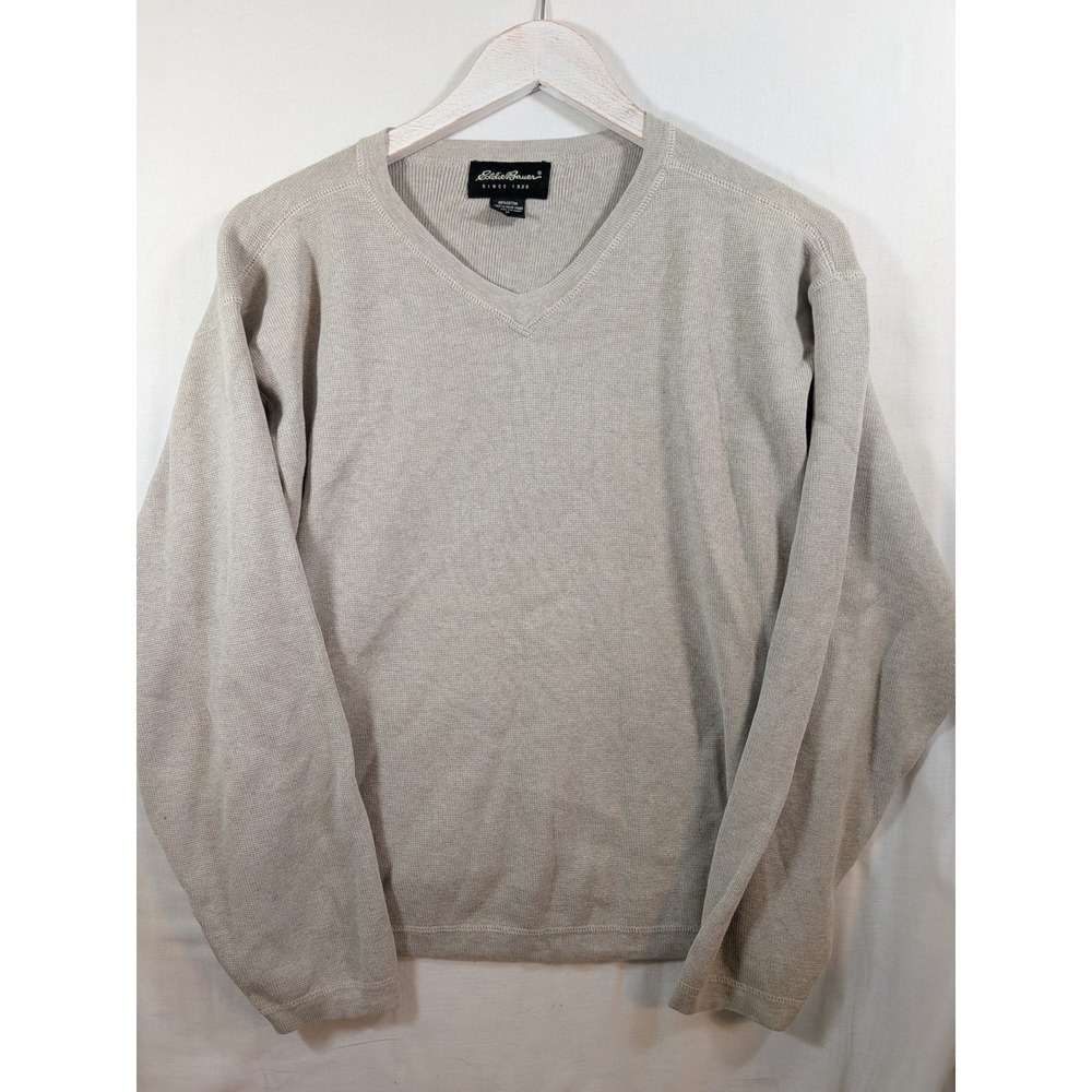 Eddie Bauer Mens Beige 100% Cotton V-Neck Long Sleeve Knit Sweater Size M